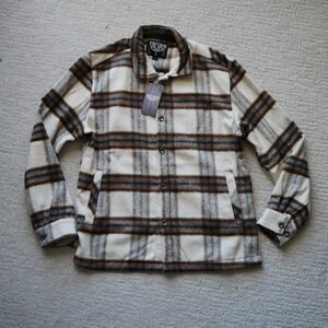 Ringspun Mens Plaid Shirt Jacket Cream Brown Orange Button Up Shacket Size S NWT
